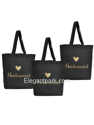 ElegantPark Bridesmaid Tote Bag for Wedding Gifts Black 100% Cotton with Gold Script 3 Pcs