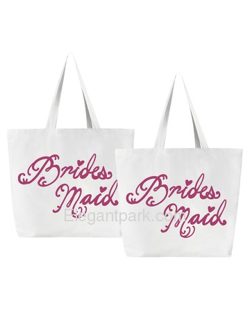 Bridesmaid Tote Bag Wedding Gifts Canvas 100% Cotton Interior Pocket White with Hot Pink Script 2 Pc