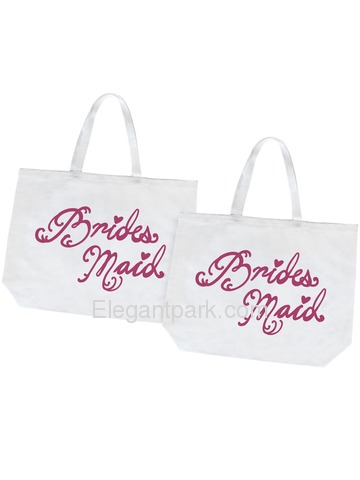 Bridesmaid Tote Bag Wedding Gifts Canvas 100% Cotton Interior Pocket White with Hot Pink Script 2 Pc