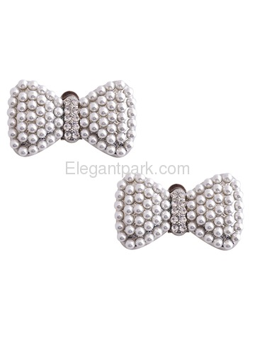 CE Women 2 Pcs Shoe Clips Pearl Bow Diamante Rhinestones Wedding Evening Prom Party Decoration Gift