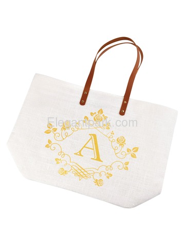 ElegantPark A-Initial 100% Jute Tote Bag with Handle and Interior Pocket