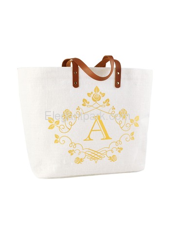 ElegantPark A-Initial 100% Jute Tote Bag with Handle and Interior Pocket