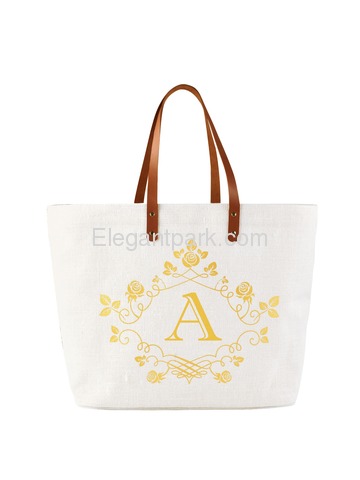 ElegantPark A-Initial 100% Jute Tote Bag with Handle and Interior Pocket