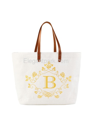 ElegantPark B-Initial 100% Jute Tote Bag with Handle and Interior Pocket