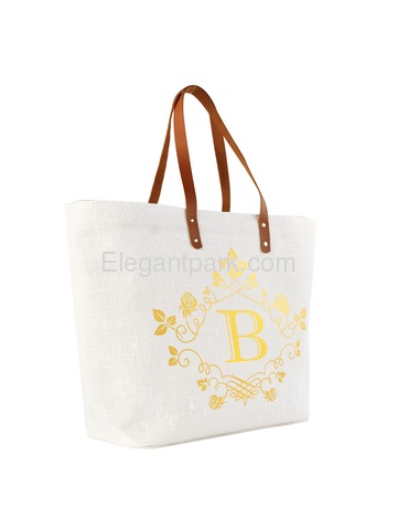 ElegantPark B-Initial 100% Jute Tote Bag with Handle and Interior Pocket