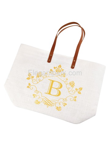 ElegantPark B-Initial 100% Jute Tote Bag with Handle and Interior Pocket