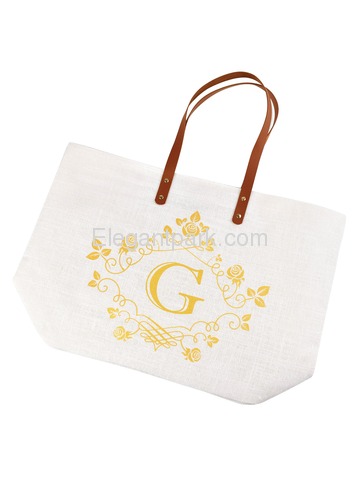 ElegantPark G-Initial 100% Jute Tote Bag with Handle and Interior Pocket