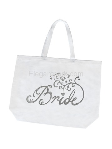 Bride to Be Tote Bag Wedding Bridal Shower Canva Cotton Interior Pocket White with Silver Glitter
