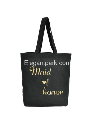 ElegantPark Maid of Honor Wedding Tote Bag Black Canvas Gold Script 100% Cotton