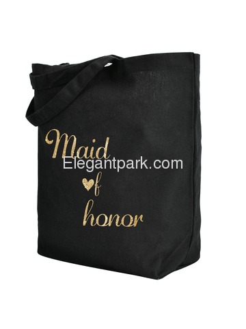 ElegantPark Maid of Honor Wedding Tote Bag Black Canvas Gold Script 100% Cotton