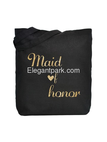 ElegantPark Maid of Honor Wedding Tote Bag Black Canvas Gold Script 100% Cotton
