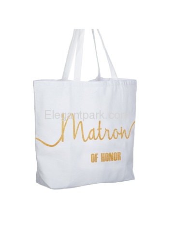 Matron of Honor Tote Bag Wedding Bridesmaid Gifts 100% Cotton Canvas White and Gold Glitter