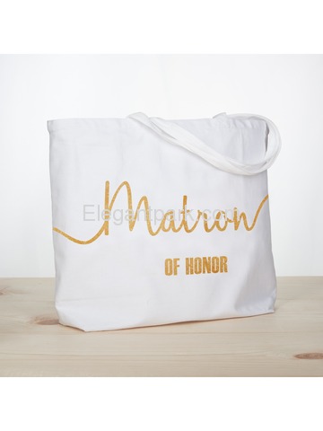 Matron of Honor Tote Bag Wedding Bridesmaid Gifts 100% Cotton Canvas White and Gold Glitter