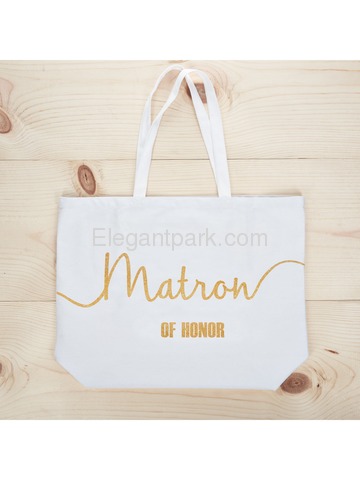 Matron of Honor Tote Bag Wedding Bridesmaid Gifts 100% Cotton Canvas White and Gold Glitter