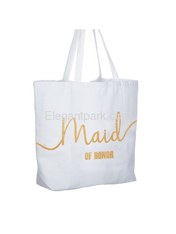 Maid of Honor Tote Bag Wedding Bridesmaid Gifts White with Gold Glitter 100% Cotton Canvas