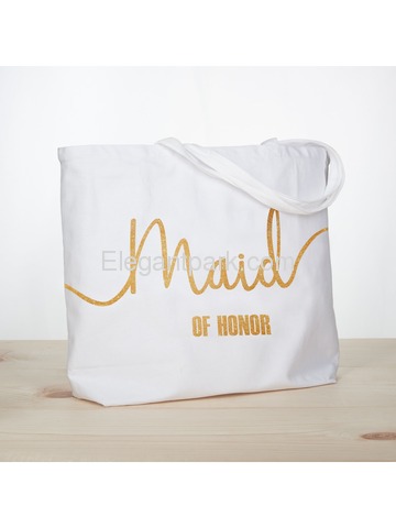 Maid of Honor Tote Bag Wedding Bridesmaid Gifts White with Gold Glitter 100% Cotton Canvas