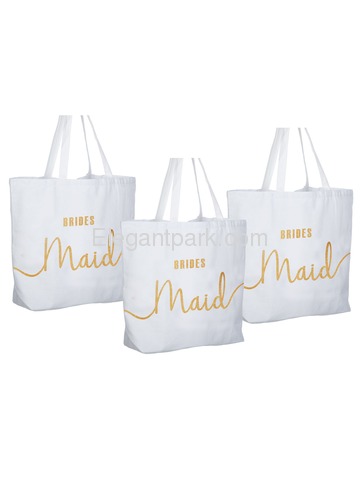 Bridesmaid Tote Bag Wedding Gifts Canvas 100% Cotton Interior Pocket White with Gold Glitter 3 Pcs