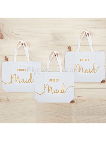 Bridesmaid Tote Bag Wedding Gifts Canvas 100% Cotton Interior Pocket White with Gold Glitter 3 Pcs