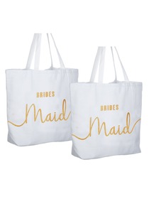 Bridesmaid Tote Bag Wedding Gifts Canvas 100% Cotton Interior Pocket White with Gold Glitter 2 Pcs