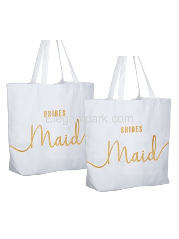 Bridesmaid Tote Bag Wedding Gifts Canvas 100% Cotton Interior Pocket White with Gold Glitter 2 Pcs