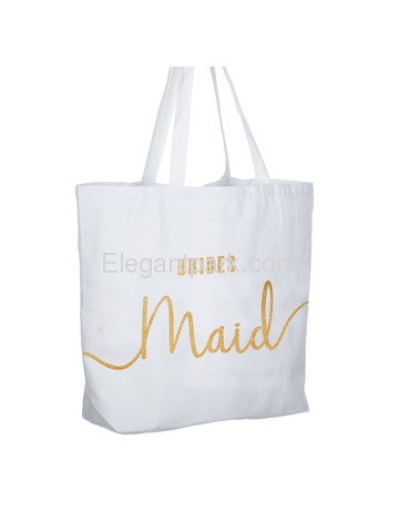 Bridesmaid Tote Bag Wedding Gifts Canvas 100% Cotton Interior Pocket White with Gold Glitter 1 Pcs