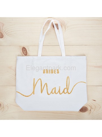 Bridesmaid Tote Bag Wedding Gifts Canvas 100% Cotton Interior Pocket White with Gold Glitter 1 Pcs