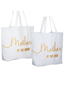 Mother of the Bride+Groom Tote Bag for Wedding Gifts Canvas 100% Cotton White with Gold Glitter 2 Pc