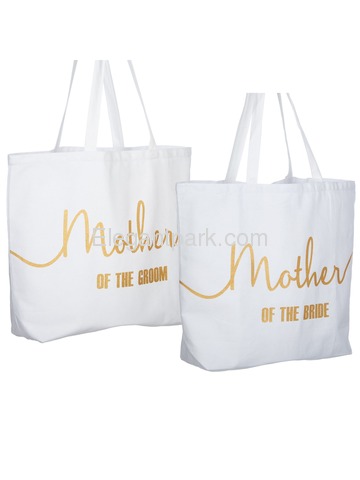 Mother of the Bride+Groom Tote Bag for Wedding Gifts Canvas 100% Cotton White with Gold Glitter 2 Pc