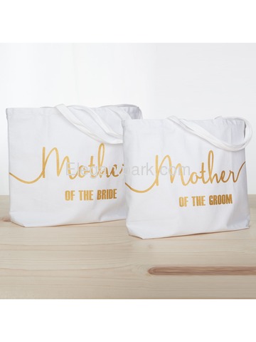 Mother of the Bride+Groom Tote Bag for Wedding Gifts Canvas 100% Cotton White with Gold Glitter 2 Pc