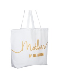 Mother of the Groom Tote Bag for Wedding Gifts Canvas 100% Cotton White with Gold Glitter