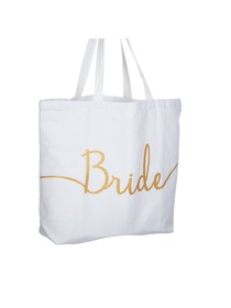 Bride Tote Bag Wedding Bridal Shower Gifts Canvas 100% Cotton Interior Pocket WhiteGold Glitter