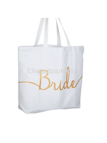 Bride Tote Bag Wedding Bridal Shower Gifts Canvas 100% Cotton Interior Pocket WhiteGold Glitter