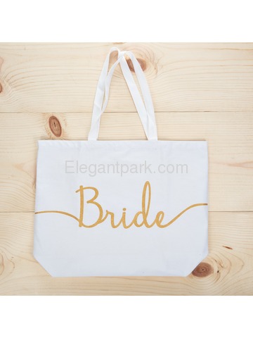 Bride Tote Bag Wedding Bridal Shower Gifts Canvas 100% Cotton Interior Pocket WhiteGold Glitter