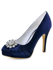 EP2015-PF-NW Women High Heel Platform Pumps Closed Toe Buckle Satin Bridal Wedding Shoes