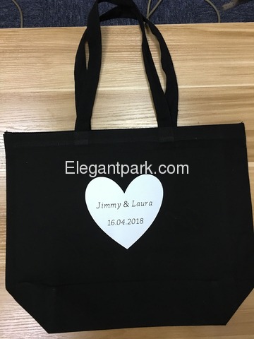 Monogrammed Wedding Black Tote Bag White Heart Custom Name & Date Design Canvas Gift Bag 100% Cotton