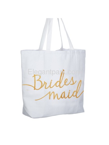 Bridesmaid Tote Bag Wedding Favour Hen Night Party Gift White Canvas 100% Cotton Gold Glitter 1 Pcs