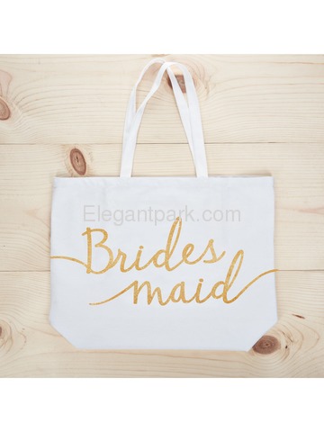 Bridesmaid Tote Bag Wedding Favour Hen Night Party Gift White Canvas 100% Cotton Gold Glitter 1 Pcs