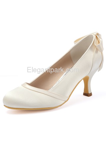 HC1804 Round Toe Spool Heel Satin Slip On Bridal Ribbion Wedding Party Shoes (HC1804)