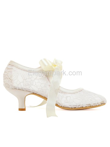 HC1702 White Almond Toe Mid Heel Lace Bridal Wedding Party Shoes (HC1702)