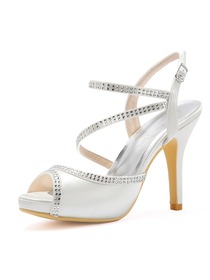 Women High Heel Platform Open Toe Ankle Strap Rhinestones Satin Evening Party Sandals