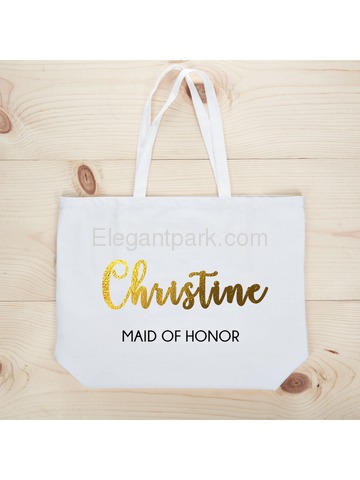 PERSONALIZED Gold Foil Maid of Honor Tote Wedding Gift White Shoulder Bag 100% Cotton …