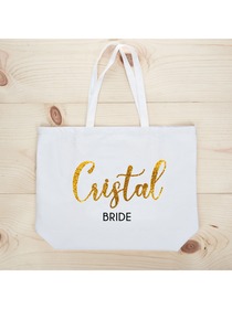 PERSONALIZED Gold Glitter Bride Tote Wedding Gift White Shoulder Bag 100% Cotton …