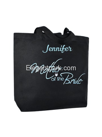 PERSONALIZED Aqua Embroidered Mother-bride Tote Wedding Gift Black Shoulder Bag 100% Cotton