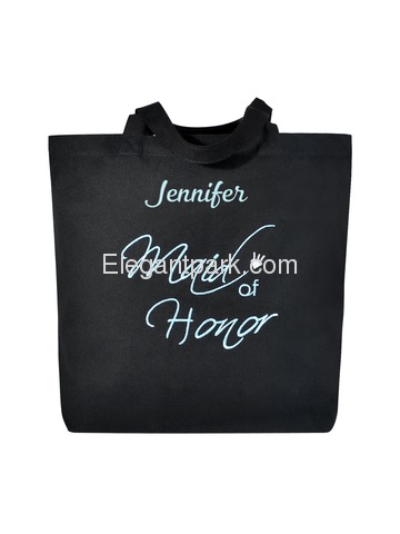 PERSONALIZED Aqua Embroidered Maid Tote Wedding Gift Black Shoulder Bag 100% Cotton