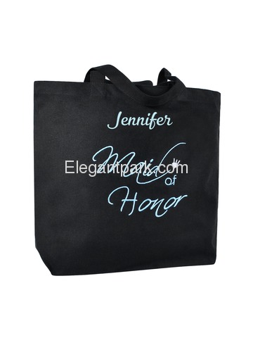 PERSONALIZED Aqua Embroidered Maid Tote Wedding Gift Black Shoulder Bag 100% Cotton