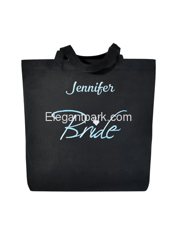 PERSONALIZED Aqua Embroidered Bride Tote Wedding Gift Black Shoulder Bag 100% Cotton