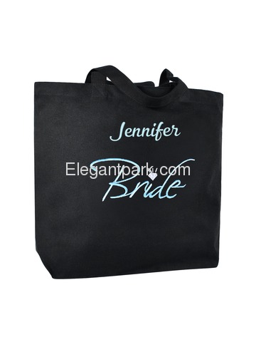 PERSONALIZED Aqua Embroidered Bride Tote Wedding Gift Black Shoulder Bag 100% Cotton