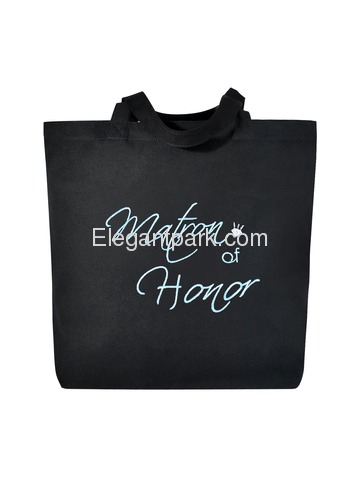 Matron of Honor Heavy Tote Bag Wedding Bridal Shower Gift Canvas 100% Cotton Black Aqua Embroidered