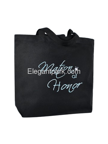 Matron of Honor Heavy Tote Bag Wedding Bridal Shower Gift Canvas 100% Cotton Black Aqua Embroidered