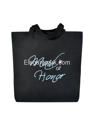 Maid of Honor Heavy Tote Bag Wedding Bridal Shower Gift Canvas 100% Cotton Black Aqua Embroidered
